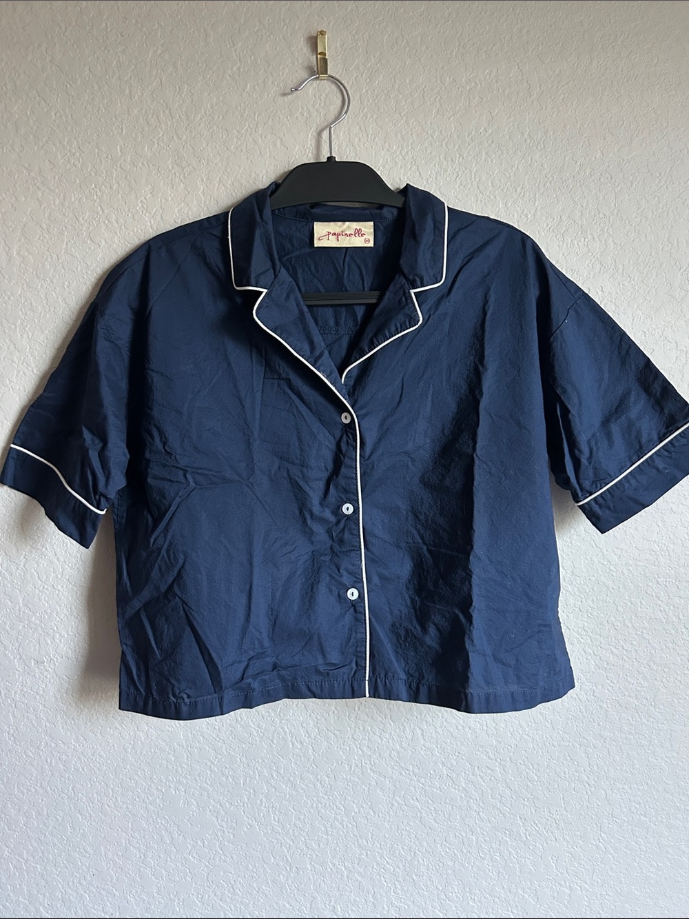 Short-Sleeve Navy Pajama Top with White Piping PJ Set